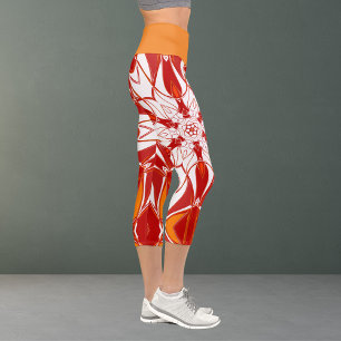 Leggings Capri Dessin Mandala Fleur rouge orange et blanc