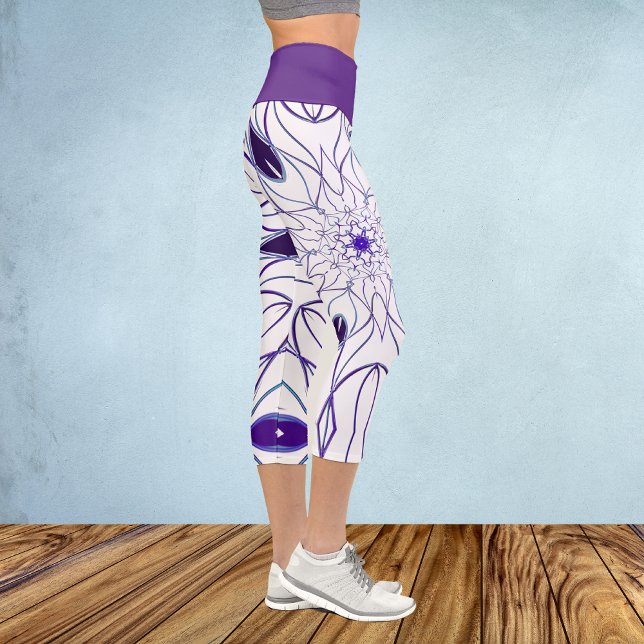 Leggings Capri Dessin Mandala Flower blanc et violet (Créateur téléchargé)