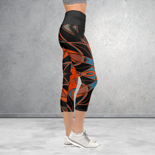 Leggings Capri Dessin Mandala Flower bleu orange et noir
