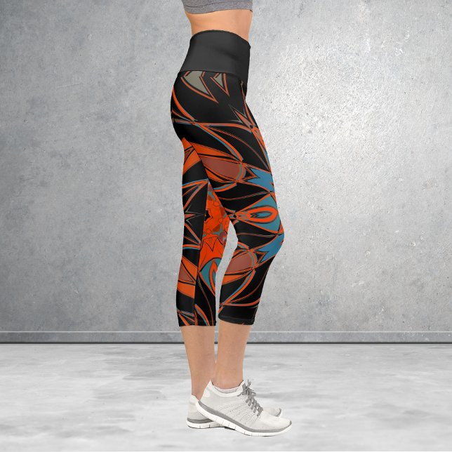 Leggings Capri Dessin Mandala Flower bleu orange et noir (Créateur téléchargé)