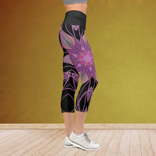 Leggings Capri Dessin Mandala Flower noir violet et rose