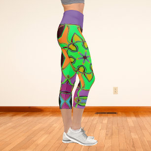 Leggings Capri Dessin Mandala Flower vert orange et violet
