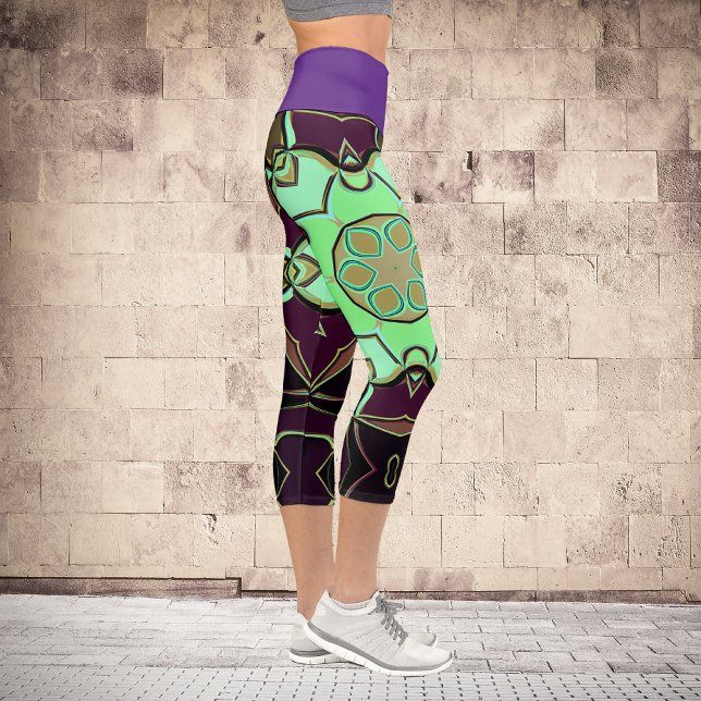 Leggings Capri Dessin Mandala Flower vert violet et noir (Créateur téléchargé)