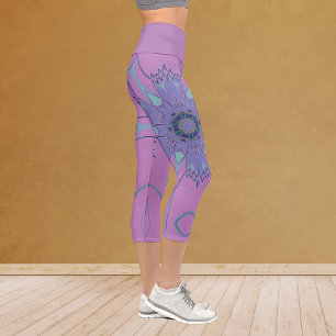 Leggings Capri Dessin Mandala Flower violet et bleu