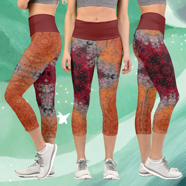 Leggings Capri Digital Mandala rouge orange et bleu (Créateur téléchargé)