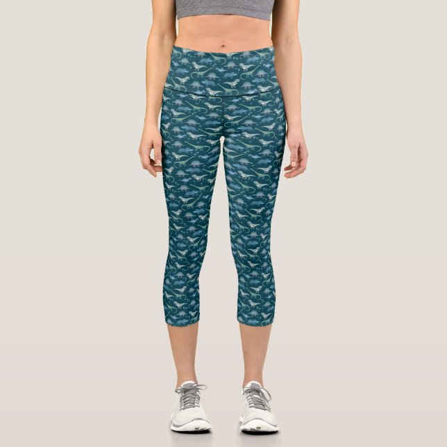Leggings Capri Dinosaures Turquoise Motif vert (Recto)