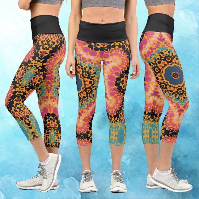 Leggings Capri Dot Mandala bleu rose noir et jaune (Créateur téléchargé)
