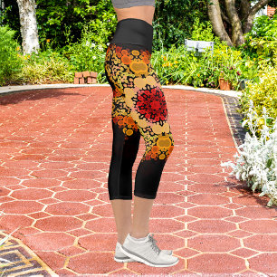 Leggings Capri Dot Mandala Fleur orange jaune et rouge