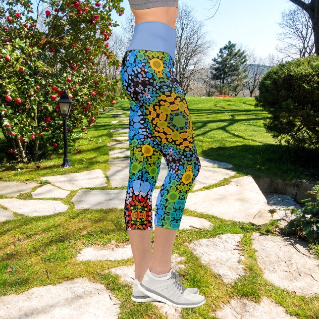 Leggings Capri Dot Mandala Flower bleu jaune et vert (Créateur téléchargé)