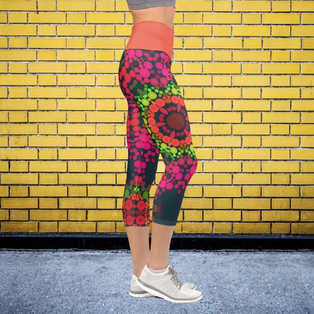 Leggings Capri Dot Mandala Flower rose vert et orange (Créateur téléchargé)
