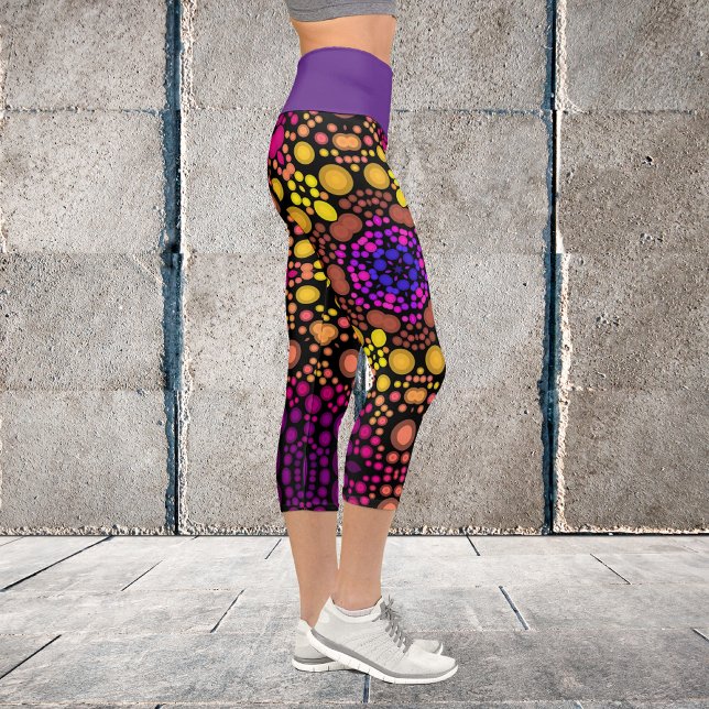 Leggings Capri Dot Mandala Flower violet et jaune (Créateur téléchargé)