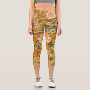 Leggings Capri DRAGON PARMI LES PÉONIES, FLEURS, Floral FEUILLE V