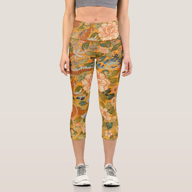 Leggings Capri DRAGON PARMI LES PÉONIES, FLEURS, Floral FEUILLE V (Recto)
