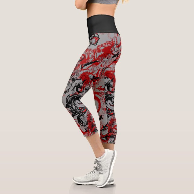 Leggings Capri Dragons Grungy Art Abstrait Rouge Noir Gris (Gauche)