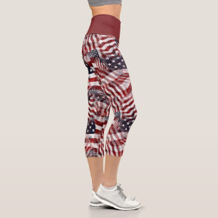 Leggings Capri Drapeau américain Rouge Bleu Bleu Grilles Étoiles