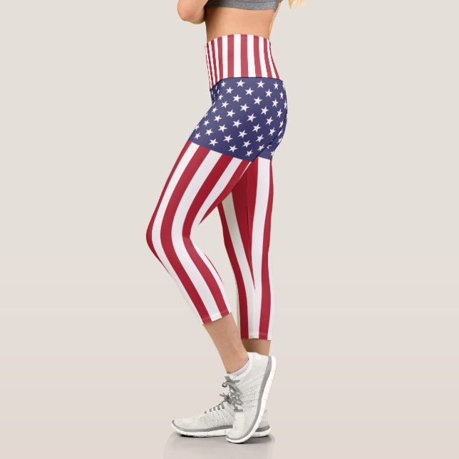 Leggings Capri Drapeau Patriotique Rouge Blanc Bleu Étoiles Et Fr (Gauche)