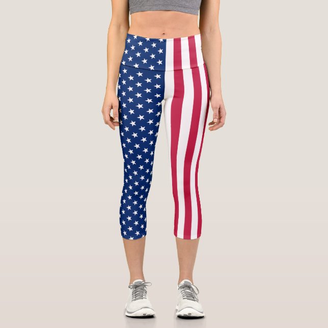 Leggings Capri Drapeau Patriotique USA Rouge Blanc Bleu Étoiles R (Recto)