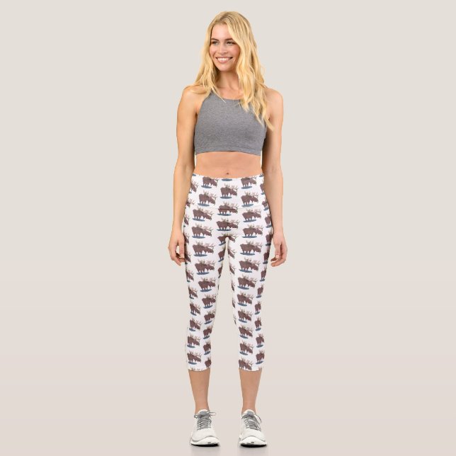 Leggings Capri Drôle dessin animé d'orignal heureux (Recto)