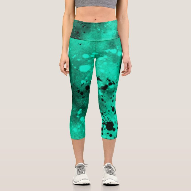 Leggings Capri Effet Dessin de peinture vert et noir (Recto)