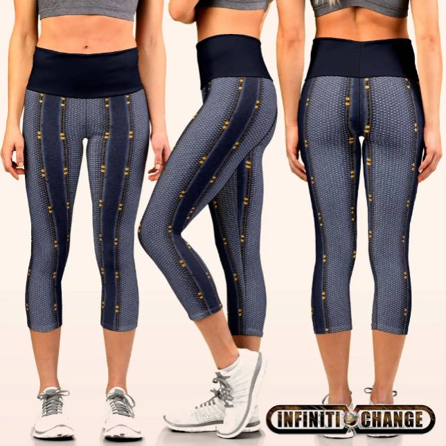 Leggings Capri Effets de denim avec rivets imprimés et filet de p (Créateur téléchargé)