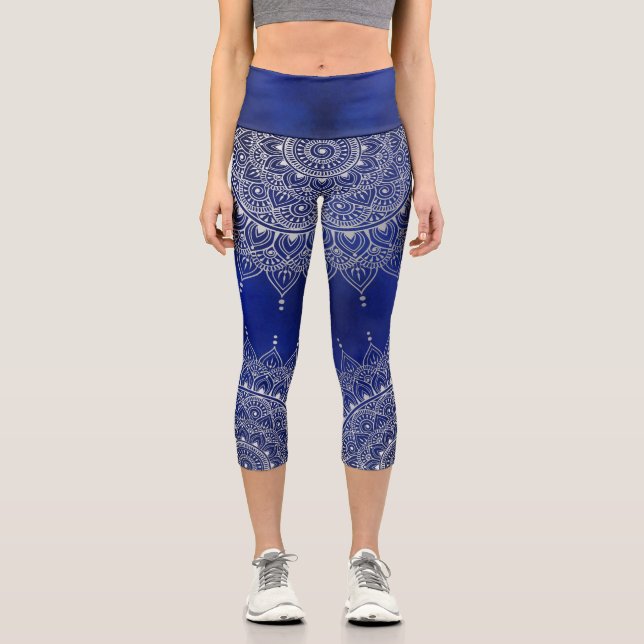 Leggings Capri Elégant argent sur le bleu profond floral Henna Ma (Recto)