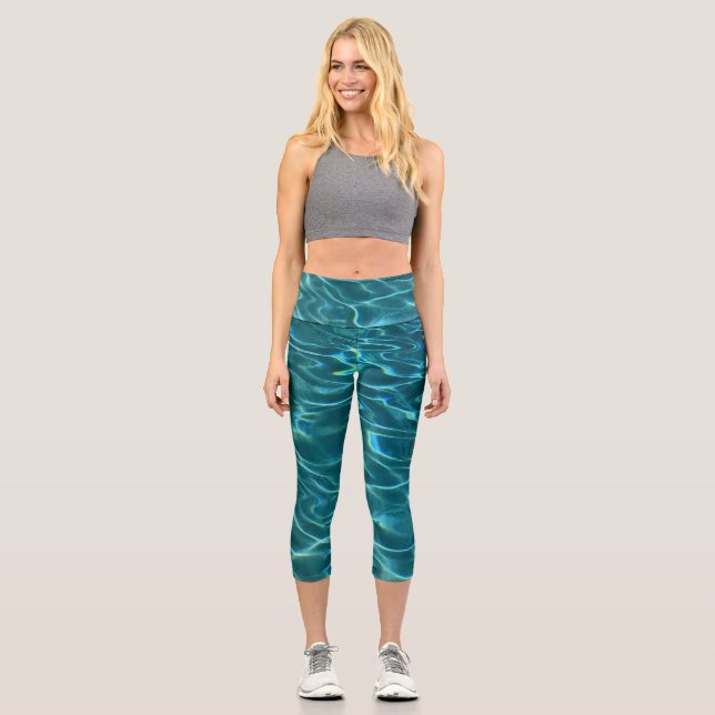 Leggings Capri Elégant bleu eau turquoise motif vagues de lac océ (Recto)