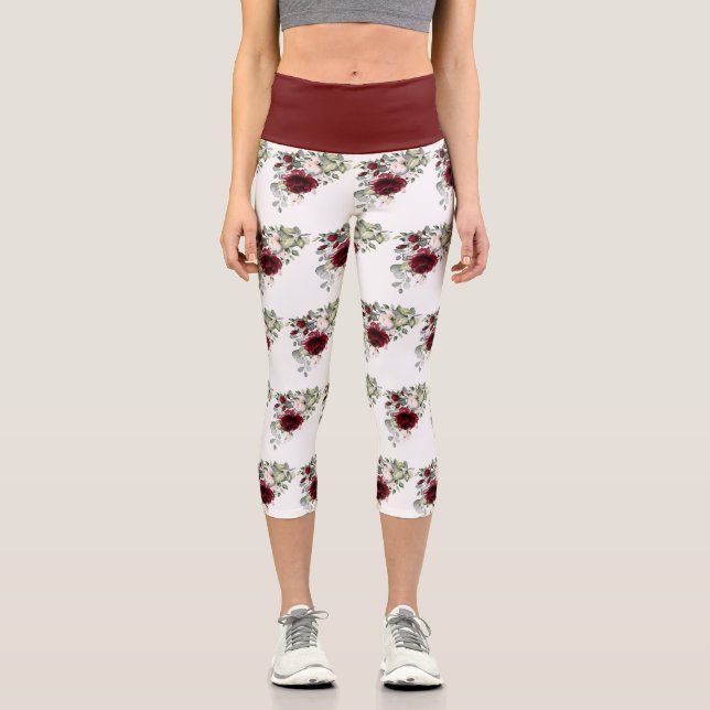 Leggings Capri Elégant Burgundy Blush Aquarelle Motif (Recto)