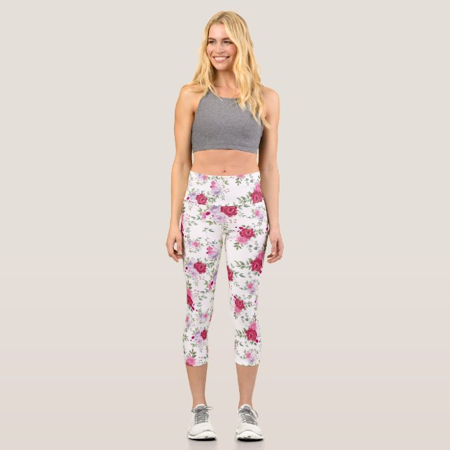 Leggings Capri Elegant Burgundy & Lavender Floral Rose Pattern (Recto)