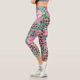 Leggings Capri Elégant Empreinte de léopard et peinture florale
