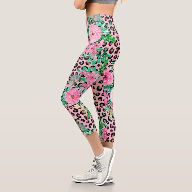 Leggings Capri Elégant Empreinte de léopard rose et design floral (Gauche)