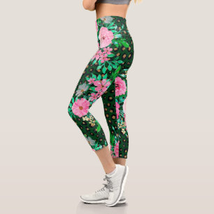 Leggings Capri Élégant Empreinte de léopard rose floral vert desi