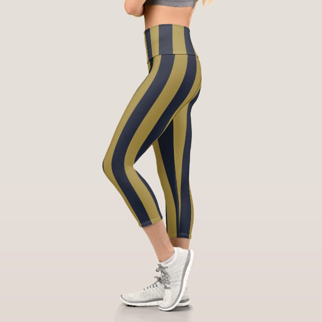 Leggings Capri Elégant Gold & Navy Blue Vertical Stripes (Gauche)