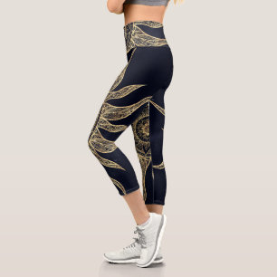 Leggings Capri Elégant Gold Sun Mandala Blue Nebula Design