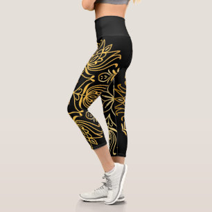 Leggings Capri Elégant luxueux Mandala Gold sur Black Capri Legg