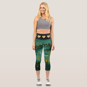 Leggings Capri Élégant Malachite Gold Hearts Motif