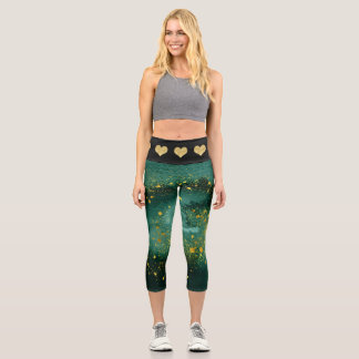 Leggings Capri Élégant Malachite Gold Hearts Motif