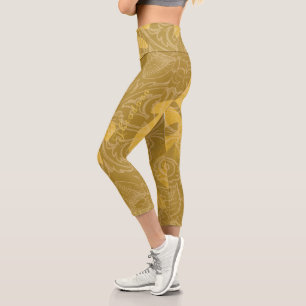 Leggings Capri Élégant Motif classique de feuille d'or Ocher