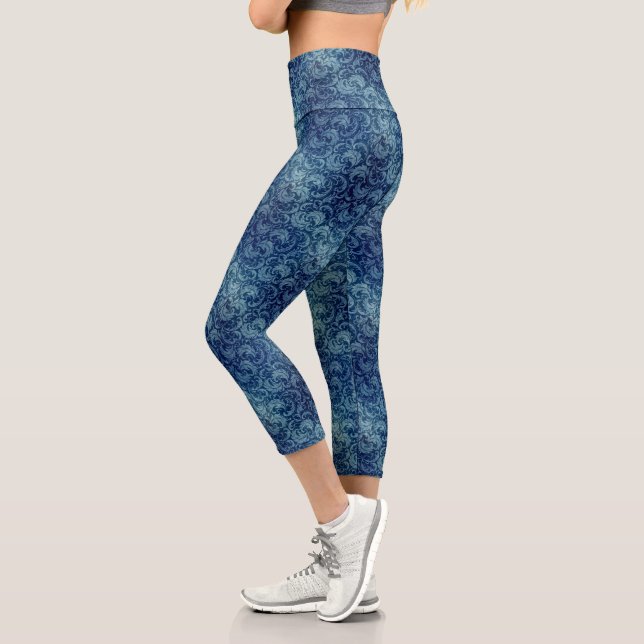 Leggings Capri Elégant motif de Damas Vintage bleu (Gauche)