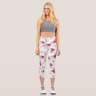 Leggings Capri Élégant motif floral de rose bordeaux et lavande