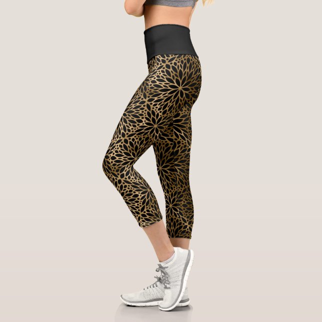 Leggings Capri Elégant Motif Mandala Gold sur Noir (Gauche)
