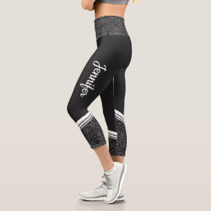 Leggings Capri Élégant noir floral blanc rayures et nom moderne