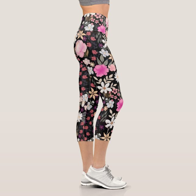 Leggings Capri Elégant noir rose Fleurs sauvages Boho Floral Pain (Droite)
