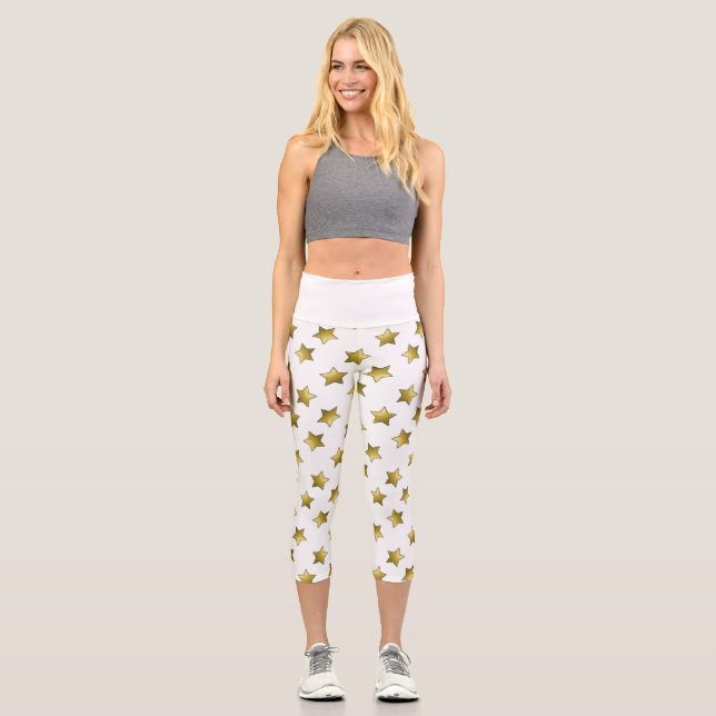 Leggings Capri Élégant or étoiles motif blanc (Recto)