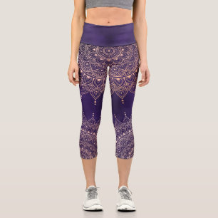 Leggings Capri Elégant or Rose sur purple Floral Henna Mandala