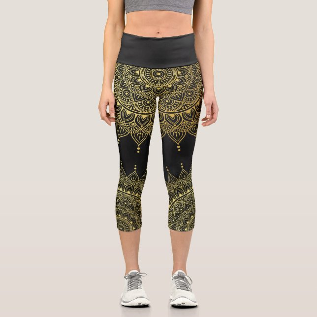 Leggings Capri Elégant or sur Soft Black Floral Henna Mandala (Recto)