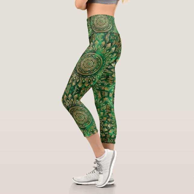 Leggings Capri Élégant or vert Mandala Floral (Gauche)