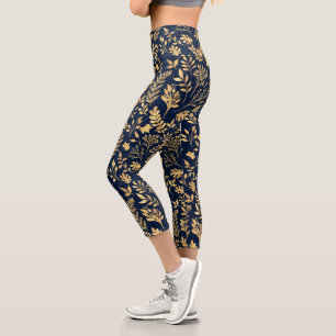 Leggings Capri Elégant Parties scintillant or Foliage Marine-Blue
