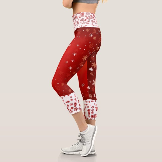 Leggings Capri Élégant rouge Noël Snowflakes blanc Comfy Cool (Gauche)