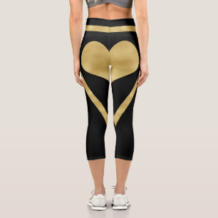 Leggings Capri Élégante Bande Coeur Or Sur Noir