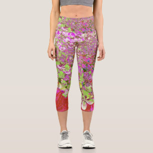 Leggings Capri Élégante Chartreuse Vert, Rose et Bleu Hydrangée